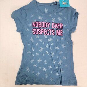 It's Happy Bunny Women's Shirt Short Sleeve Vintage Blue LARGE Nobody Suspects